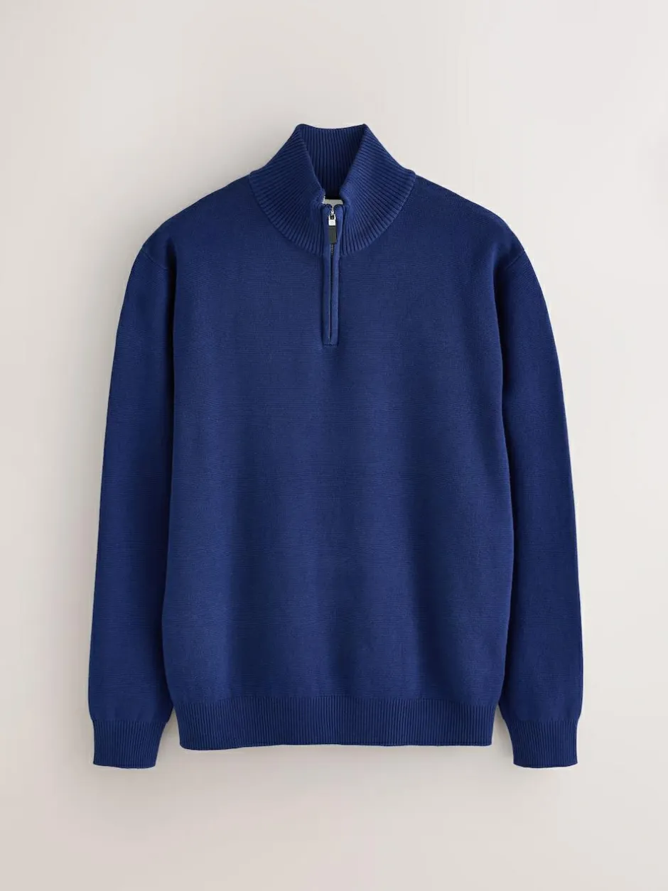 Next Dark Blue Plain N.Premium Regular Fit 100% Cotton Premium Quarter Zip Jumper Outlet