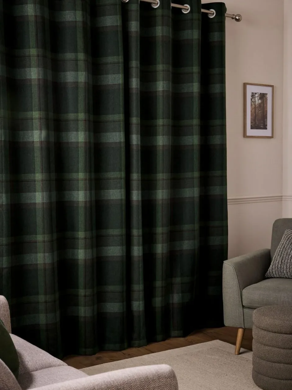 Next Dark Green Brushed Check Lined Eyelet Curtains Sale