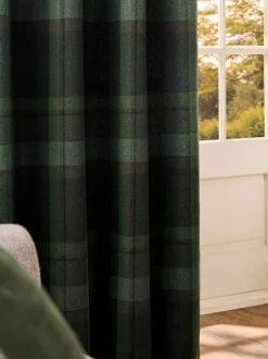 Next Dark Green Brushed Check Lined Eyelet Curtains Sale