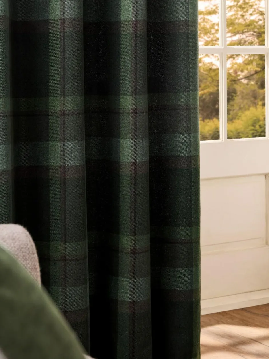Next Dark Green Brushed Check Lined Eyelet Curtains Sale