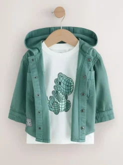 Next Twill Hooded Overshirt and T-Shirt Set (3mths-7yrs) Dark Teal Blue Discount