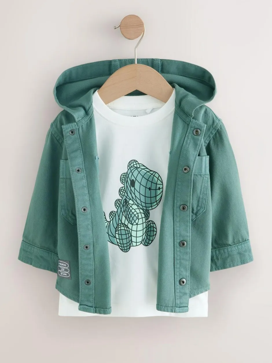 Next Twill Hooded Overshirt and T-Shirt Set (3mths-7yrs) Dark Teal Blue Discount