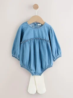Next Denim Blue Baby Bloomer Rompers Set 2 Piece with Tights (0mths-3yrs) Best
