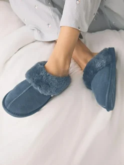 Next Denim Blue Faux Fur Lined Suede Mule Slippers Sale