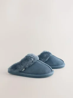 Next Denim Blue Faux Fur Lined Suede Mule Slippers Sale