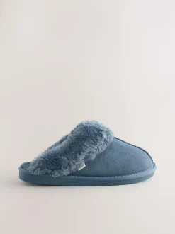 Next Denim Blue Faux Fur Lined Suede Mule Slippers Sale