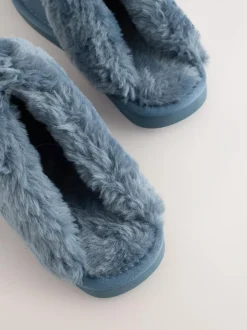 Next Denim Blue Faux Fur Lined Suede Mule Slippers Sale
