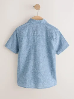 Next Short Sleeve Linen Blend Shirt (3-16yrs) Denim Blue New