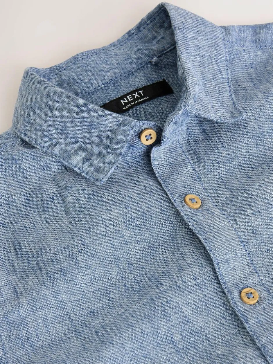 Next Short Sleeve Linen Blend Shirt (3-16yrs) Denim Blue New