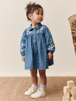 Next Long Sleeve Collar Dress (3mths-8yrs) Denim Check Embroidered Online