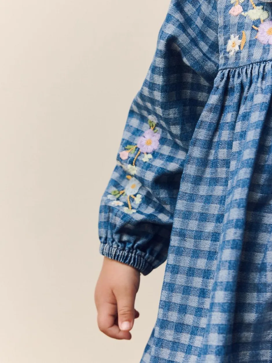 Next Long Sleeve Collar Dress (3mths-8yrs) Denim Check Embroidered Online