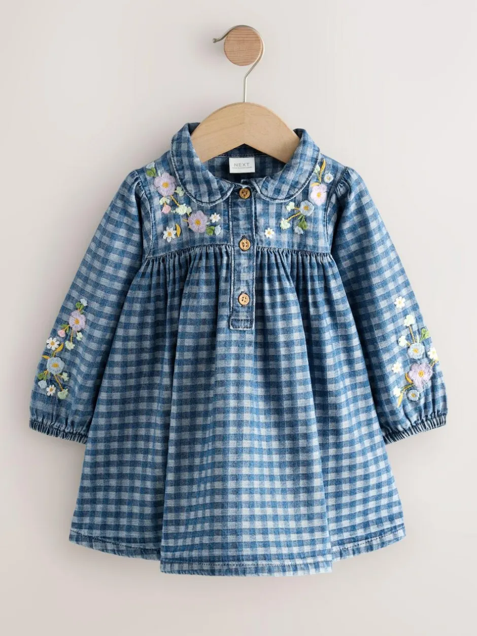 Next Long Sleeve Collar Dress (3mths-8yrs) Denim Check Embroidered Online