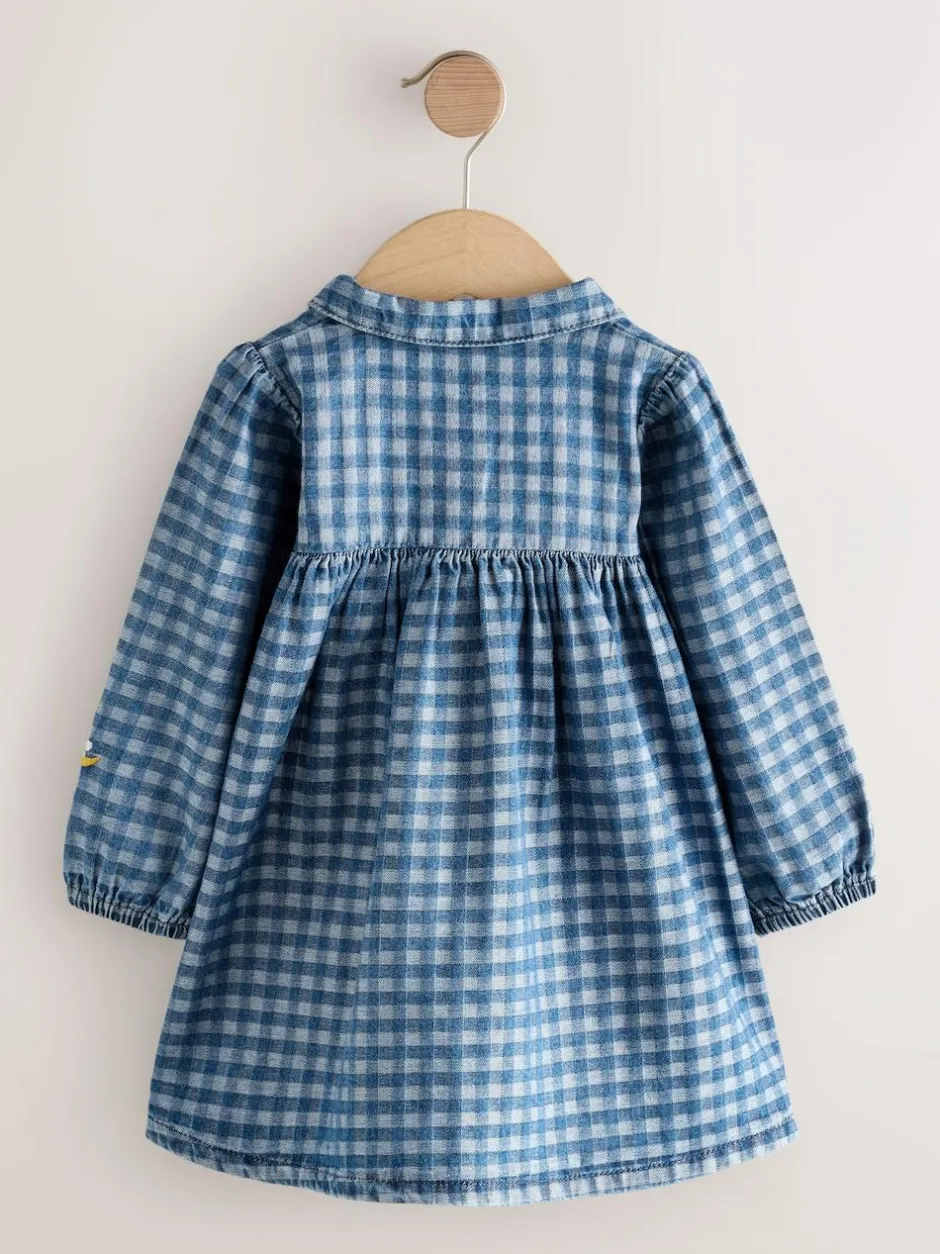 Next Long Sleeve Collar Dress (3mths-8yrs) Denim Check Embroidered Online