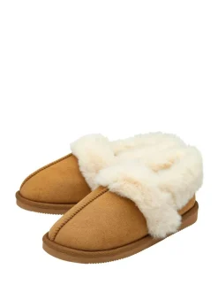 Dunlop Faux Suede Collar Full Slippers Brown
