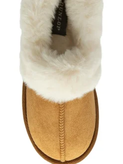 Dunlop Faux Suede Collar Full Slippers Brown
