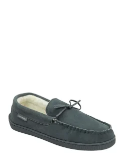 Dunlop Grey Mens Faux Fur Lined Leather Moccasin Slippers Discount