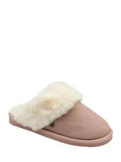 Dunlop Faux Suede Mule Slippers Fur Collar Pink Outlet