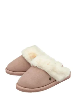 Dunlop Faux Suede Mule Slippers Fur Collar Pink Outlet