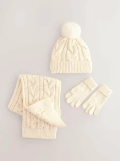 Next Cable Beanie Scarf and Gloves Set (3-16yrs) Ecru Hot