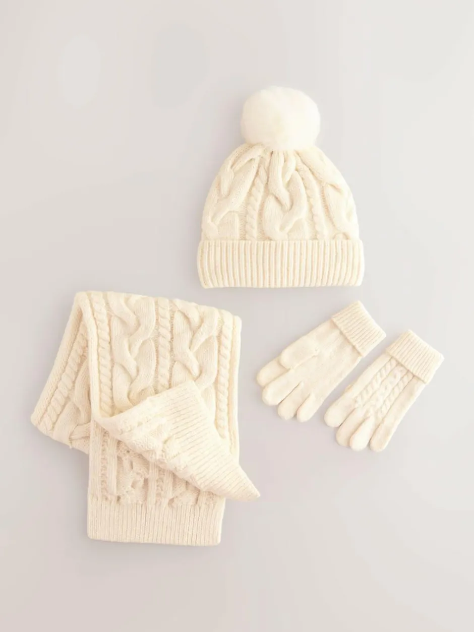 Next Cable Beanie Scarf and Gloves Set (3-16yrs) Ecru Hot