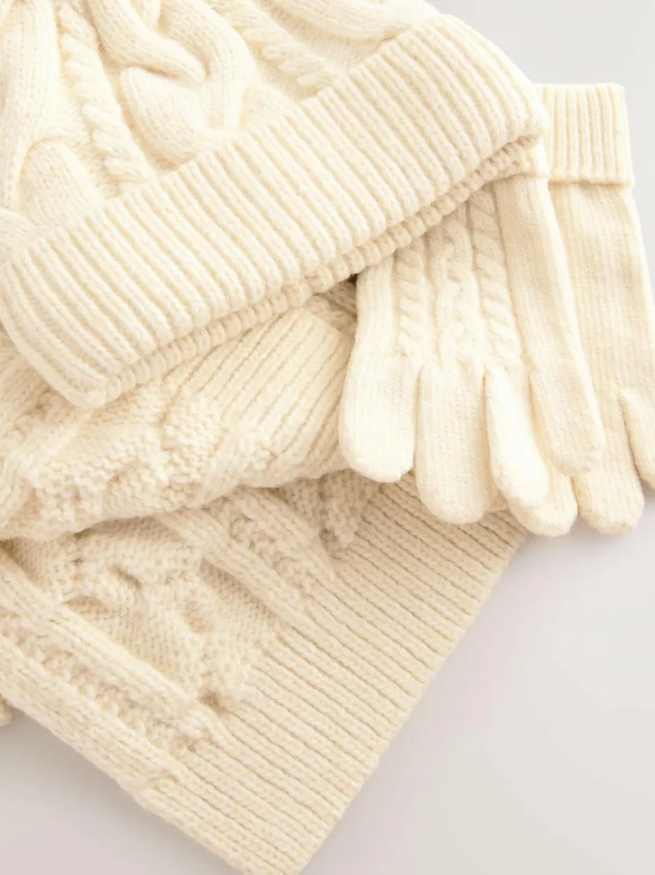 Next Cable Beanie Scarf and Gloves Set (3-16yrs) Ecru Hot