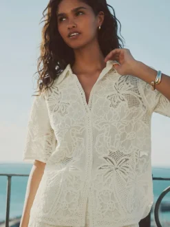 Next Crochet Short Sleeve Shirt Ecru New
