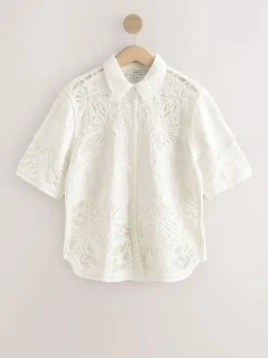 Next Crochet Short Sleeve Shirt Ecru New