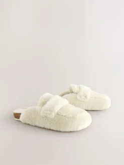 Next Ecru Faux Fur Heart Footbed Slippers Clearance