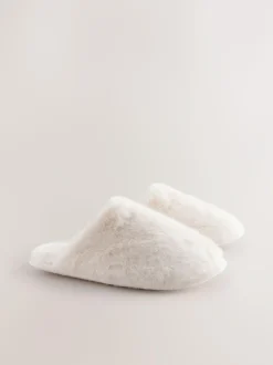 Next Faux Fur Mule Slippers Ecru Clearance