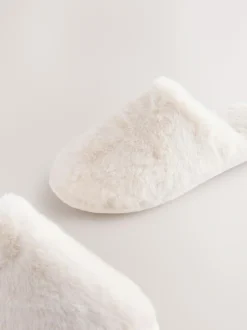 Next Faux Fur Mule Slippers Ecru Clearance