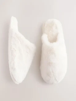 Next Faux Fur Mule Slippers Ecru Clearance
