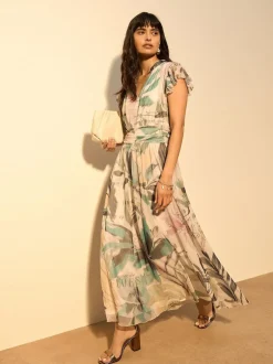 Next Pleated Mesh Print V-Neck Occasion Maxi Dress Ecru Floral Sale