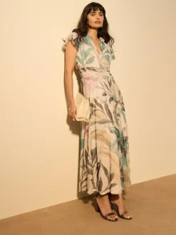 Next Pleated Mesh Print V-Neck Occasion Maxi Dress Ecru Floral Sale