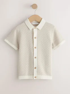 Next Ecru Geo Knitted Button Through Polo Shirt (3-16yrs) Sale