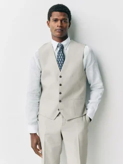 Next Ecru Linen Blend Texture Suit Waistcoat New