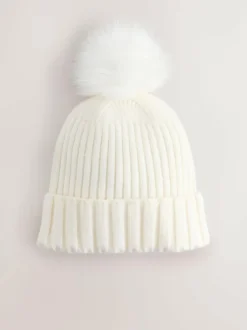 Next Ecru Rib Knit Pom Hat New