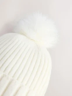 Next Ecru Rib Knit Pom Hat New