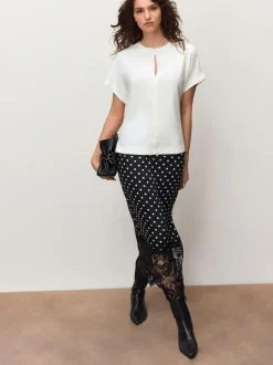 Next Short Sleeve Keyhole Crew Neck Top Ecru New