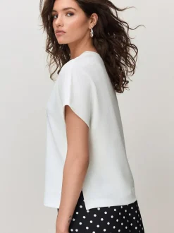 Next Short Sleeve Keyhole Crew Neck Top Ecru New