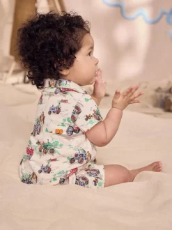 Next 100% Cotton Cath Kidston Romper Ecru Tractor Printed Collared Hot