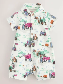 Next 100% Cotton Cath Kidston Romper Ecru Tractor Printed Collared Hot