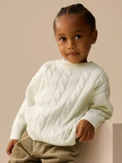 Next Ecru White Cable Knit Crew Neck Jumper (3mths-7yrs)