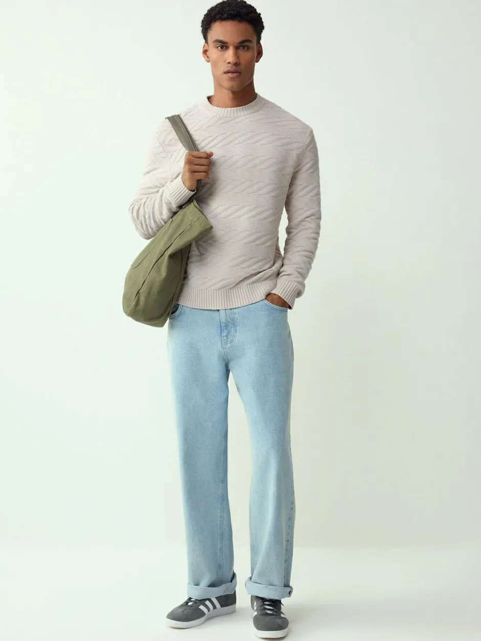Next Regular Fit Cotton Rich Chevron Cable Crew Neck Jumper Ecru White