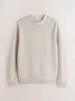 Next Regular Fit Cotton Rich Chevron Cable Crew Neck Jumper Ecru White