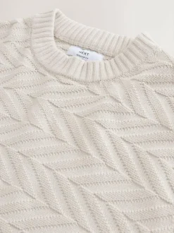 Next Regular Fit Cotton Rich Chevron Cable Crew Neck Jumper Ecru White