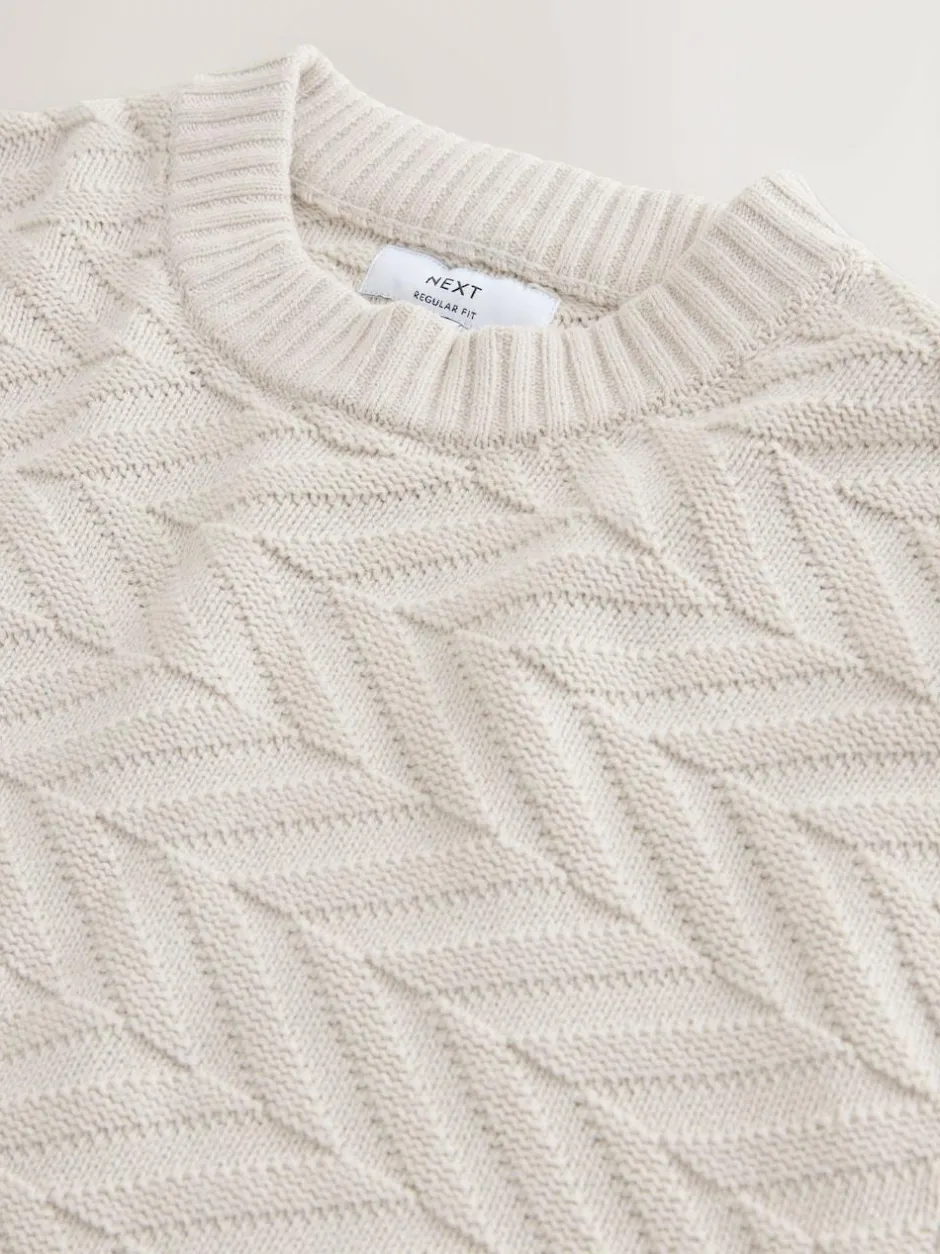 Next Regular Fit Cotton Rich Chevron Cable Crew Neck Jumper Ecru White