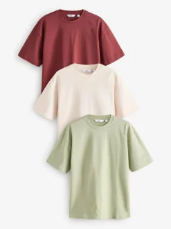 Next Ecru White/Green/Rust Red Relaxed Fit Heavyweight T-Shirts 3 Pack