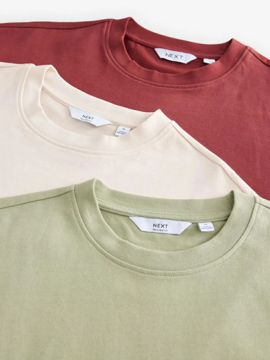 Next Ecru White/Green/Rust Red Relaxed Fit Heavyweight T-Shirts 3 Pack