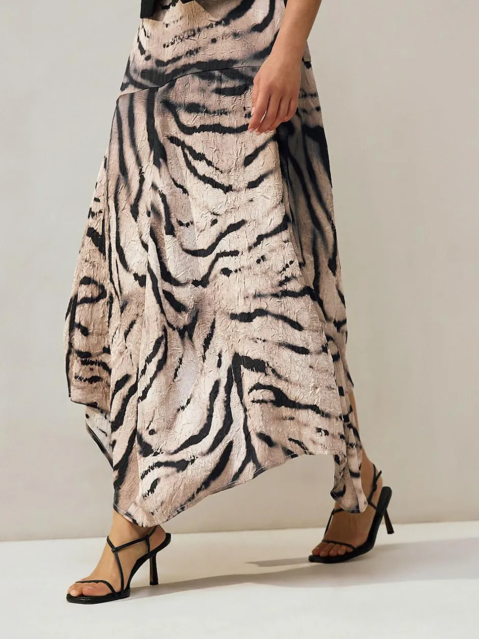 Next Crinkle Satin Asymetric Midi Skirt Ecru Zebra Print Online