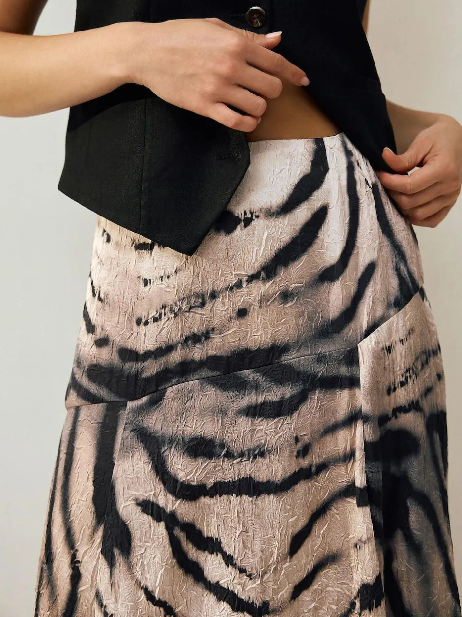 Next Crinkle Satin Asymetric Midi Skirt Ecru Zebra Print Online
